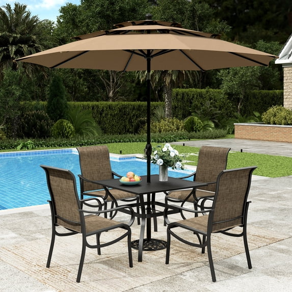 Sophia & William 6Pcs Outdoor Patio Dining Set with 10Ft Beige Umbrella Metal Table and Highback Textilene Chairs Set 23" Deeper Seat Patio Furniture Set