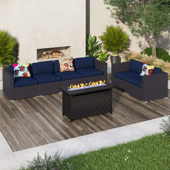 Sophia & William 7 Pcs Rattan Patio Conversation Set Outdoor Sectionals with Fire Pit Table - Navy Blue