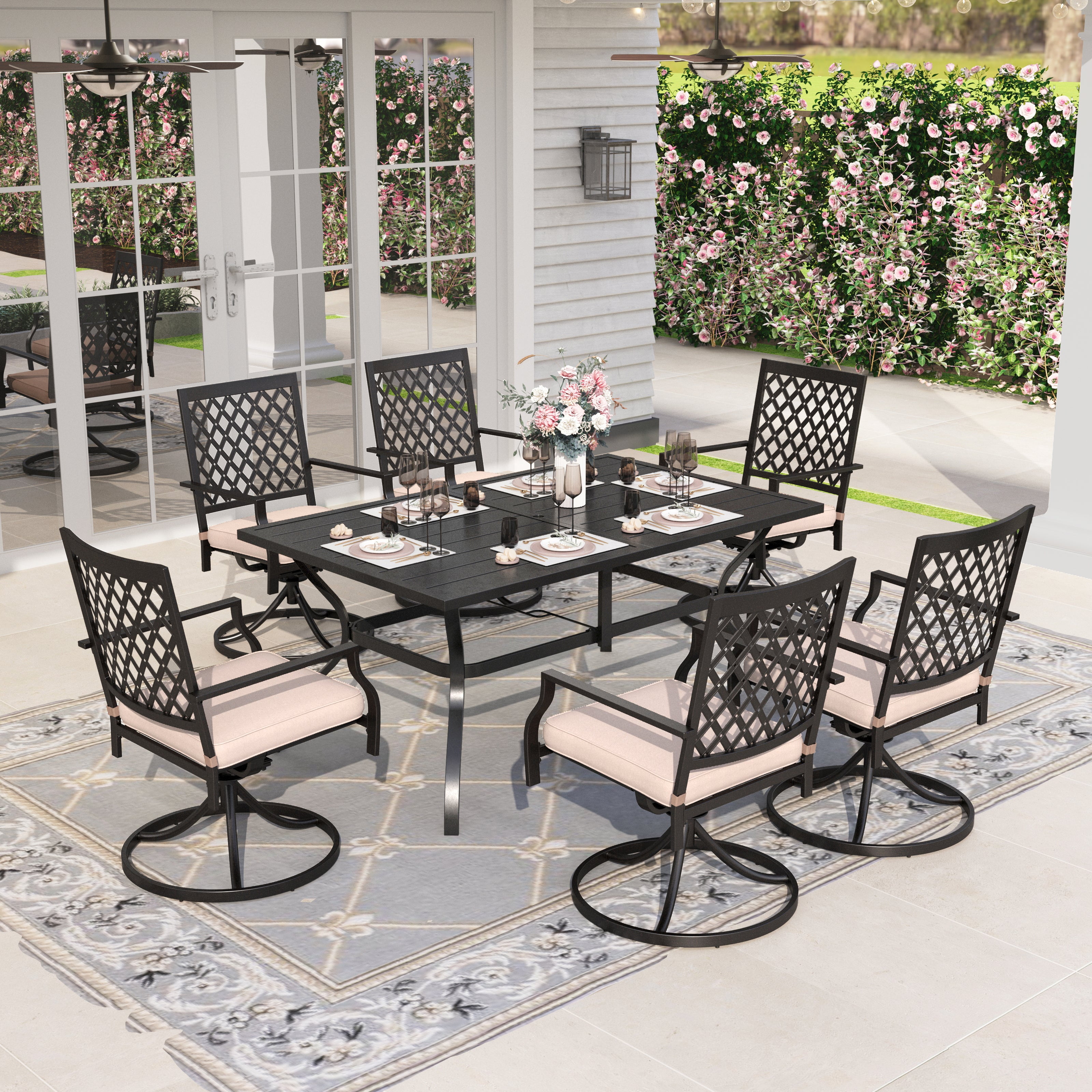 Sophia & William 7 Peices Outdoor Patio Dining Set Swivel Cushioned Chairs and Rectangular Table Furniture Set