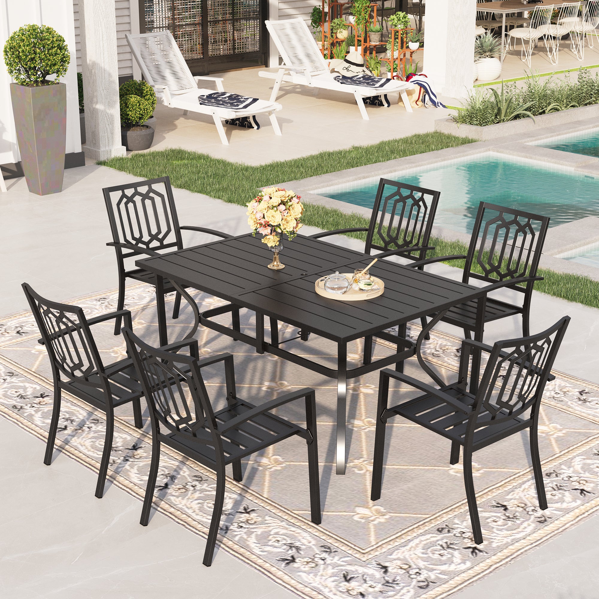 Shiloh Outdoor 7 Piece Dining Set with Concrete Rectangular Table and