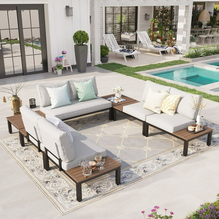 Sophia William 7 Piece Metal Outdoor Patio Furniture Set Sectional Sofa Set with Wrought Iron Coffee Table Light Grey Cushion