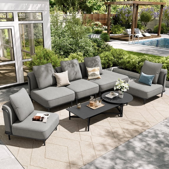 Sophia & William 7-Piece Modular Patio Furniture Set 6-Seat Low-Profile Sofa with Extra Thick Cushions & Nesting Tables, Grey