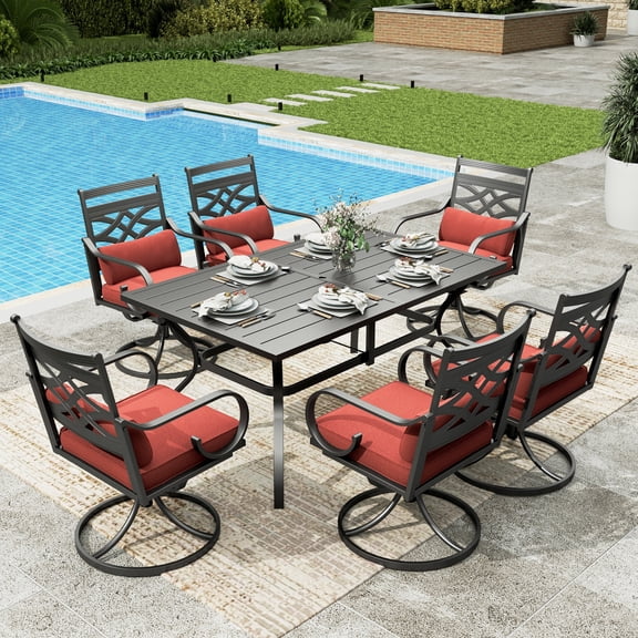 Sophia & William 7-Piece Outdoor Patio Dining Set Cushioned Swivel Chairs and Steel Table with Cushion, Red