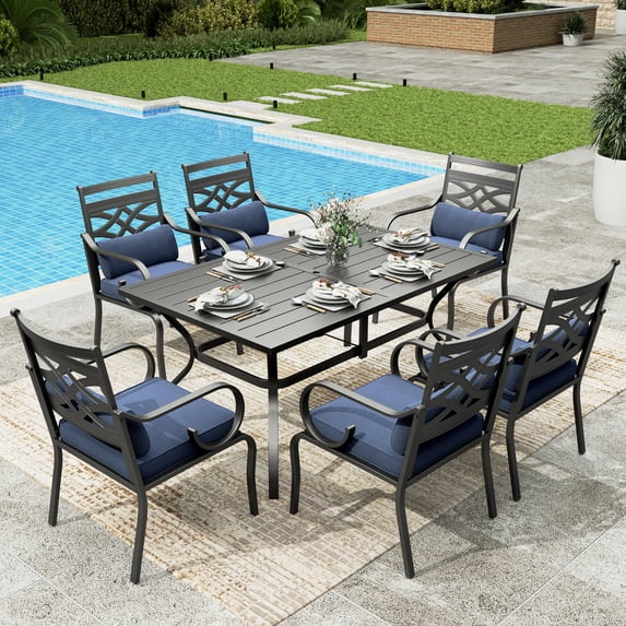 Sophia&William 7-Piece Outdoor Patio Dining Set Metal Cushioned Chairs and Table Furniture Set with Cushion for 6, Navy Blue