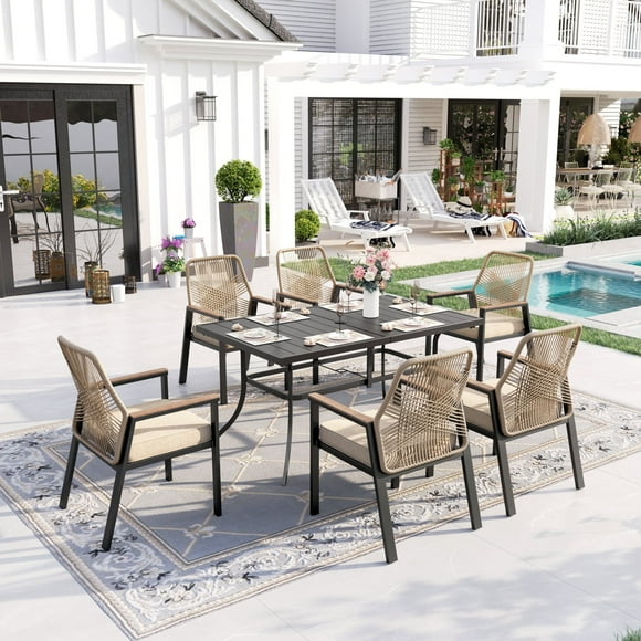 Sophia & William 7-Piece Outdoor Patio Dining Set Metal Rattan Chairs and Steel Table