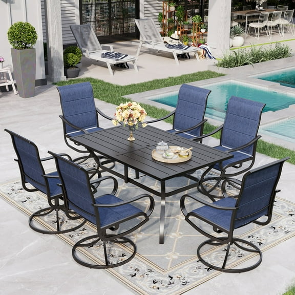 Sophia & William 7 Piece Outdoor Patio Dining Set Padded Textilene Chairs and Table Sets Outside Furniture Set, Blue