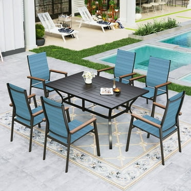 Sophia&William 7-Piece Outdoor Patio Dining Set Aluminum Textilene Stackable Chairs & Metal Table Furniture Set, Blue