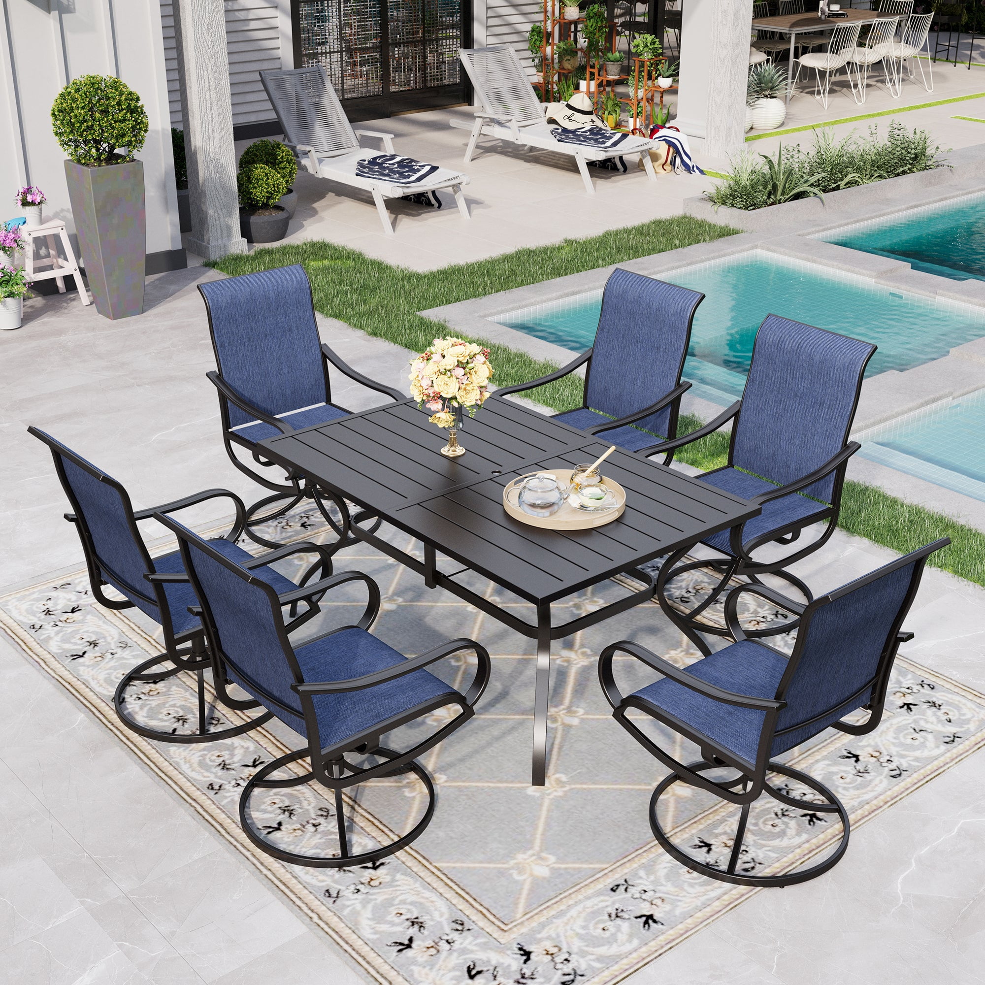 Sophia & William 7 Piece Outdoor Patio Dining Set, Textilene Chairs and Table, Blue