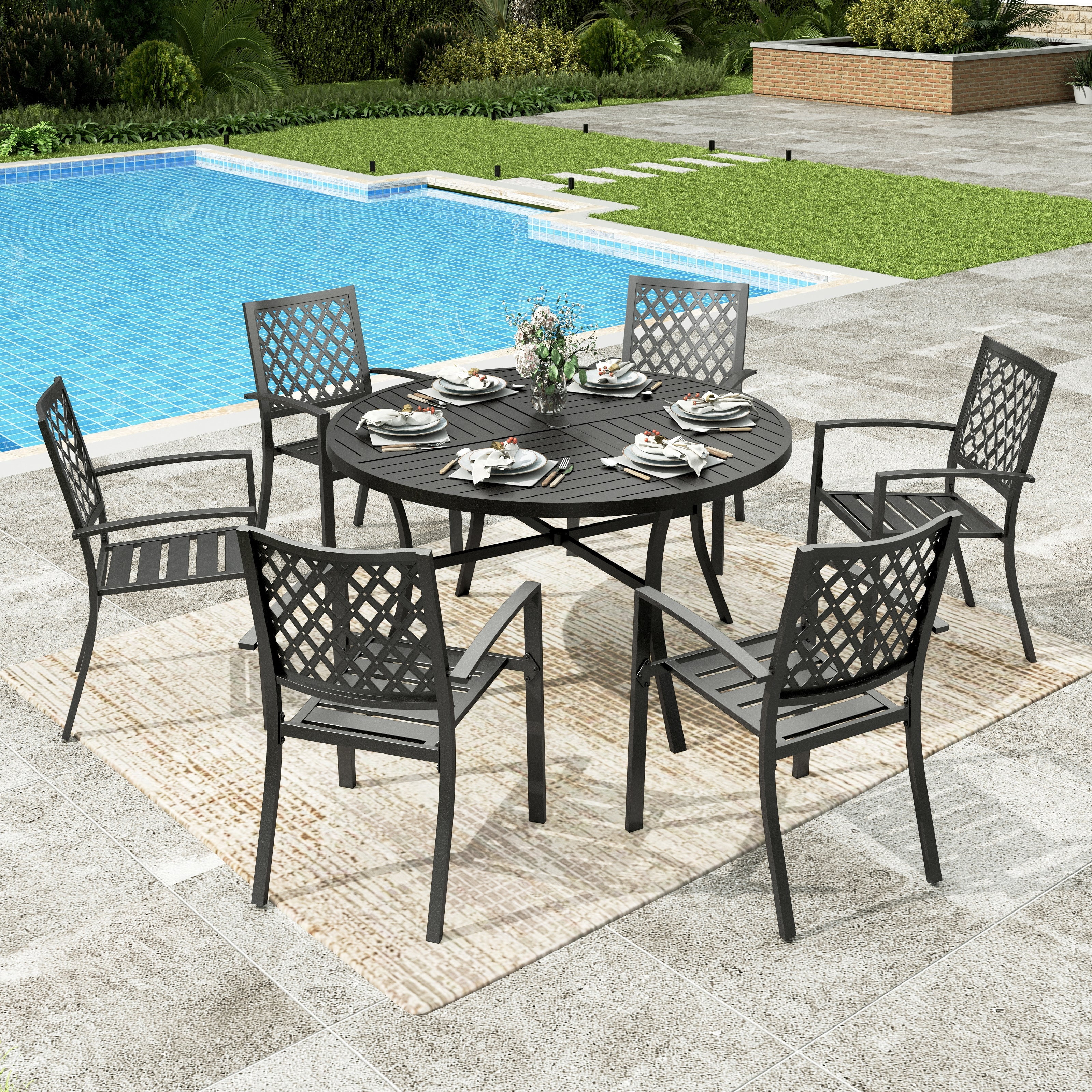 Sophia & William 7 Piece Outdoor Patio Dining Sets Metal 54" Round Table and Stackable Stackable Chairs Set for 6