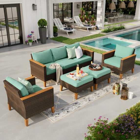 Sophia & William 7-Piece Outdoor Wicker Conversation Set Patio Furniture Set with Turquoise Cushions