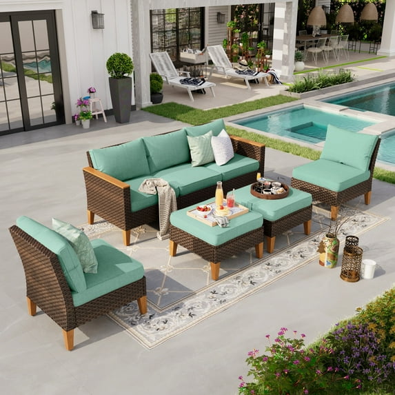 Sophia & William 7 Piece Outdoor Wicker Patio Conversation Sofa Set Outdoor Sectionals, Turquoise