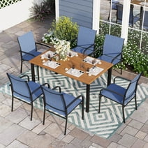 Sophia & William 7 Piece Patio Dining Set 60" Teak Dining Table and 6 Blue Textilene Chairs