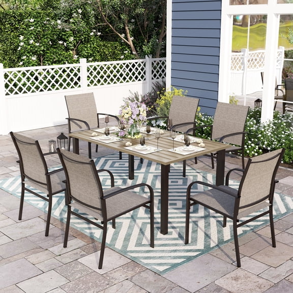Sophia & William 7 Piece Outdoor Patio Dining Set 60" Teak Dining Table and 6 Brown Textilene Chairs