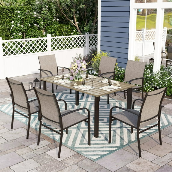 Sophia & William 7 Piece Patio Dining Set 60" Teak Dining Table and 6 Brown Textilene Chairs