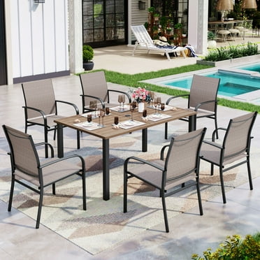 Sophia & William 7 Piece Patio Dining Set 60" Teak Dining Table and 6 Brown Textilene Chairs