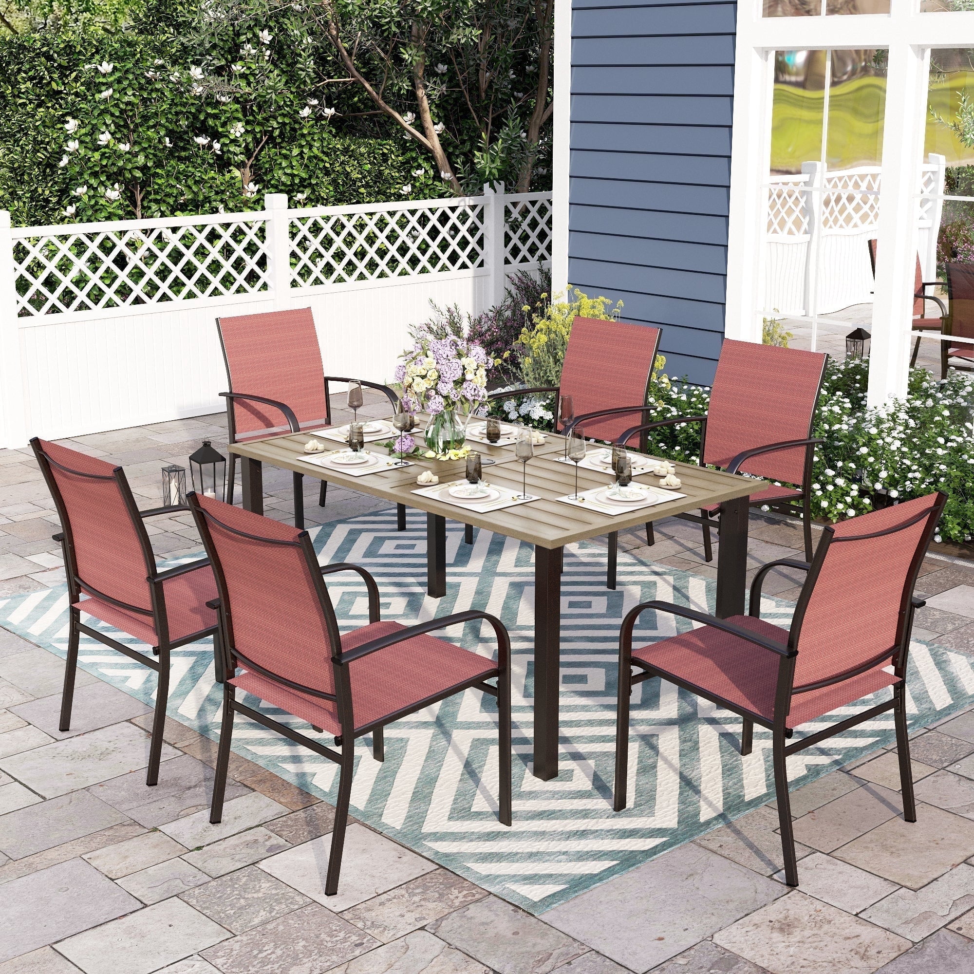 Sophia & William 7 Piece Outdoor Patio Dining Set 60" Teak Dining Table and 6 Red Textilene Chairs Set