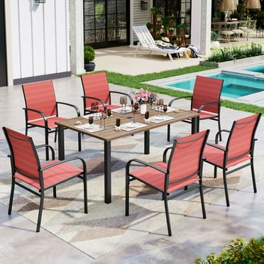 Sophia & William 7 Piece Patio Dining Set 60" Teak Dining Table and 6 Red Textilene Chairs