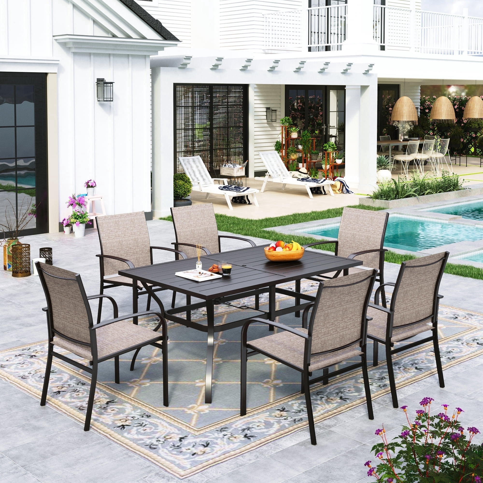 Sophia & William 7Pcs Outdoor Patio Dining Set Rectangular Metal Table with 6 Textilene Chairs Furniture Set for Backyard, Deck - Brown