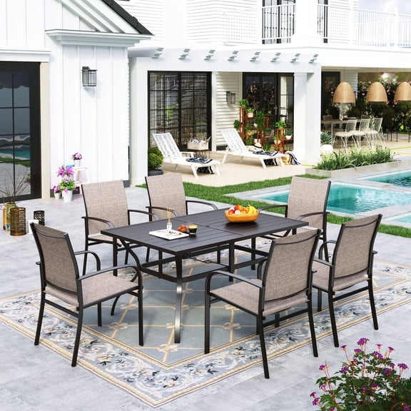 Sophia & William 7Pcs Outdoor Patio Dining Set Rectangular Metal Table with 6 Textilene Chairs Furniture Set for Backyard, Deck - Brown