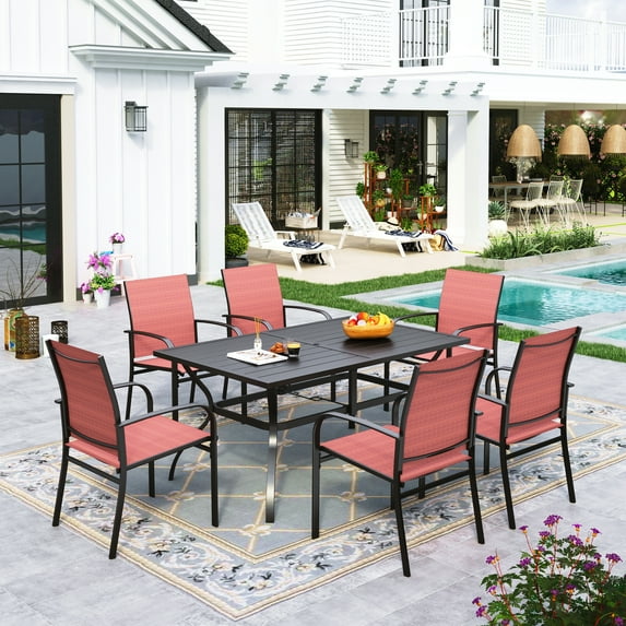 Sophia & William 7 Piece Patio Dining Set Rectangular Patio Dining Table with 6 Textilene Chairs - Red