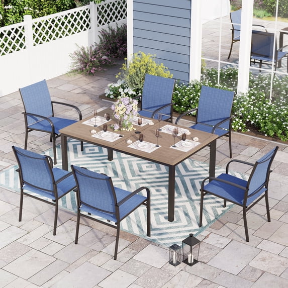 Sophia & William 7 Piece Patio Dining Set Teak Dining Table and 6 Blue Textilene Chairs