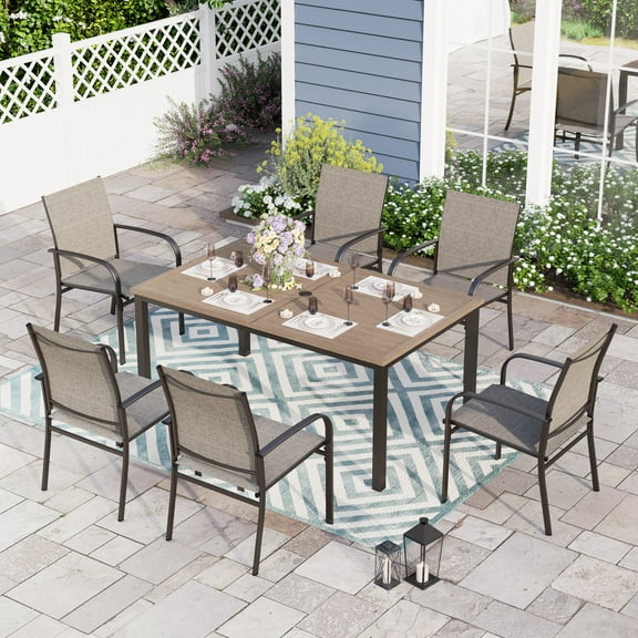Sophia & William 7 Piece Patio Dining Set Teak Dining Table and 6 Brown Textilene Chairs