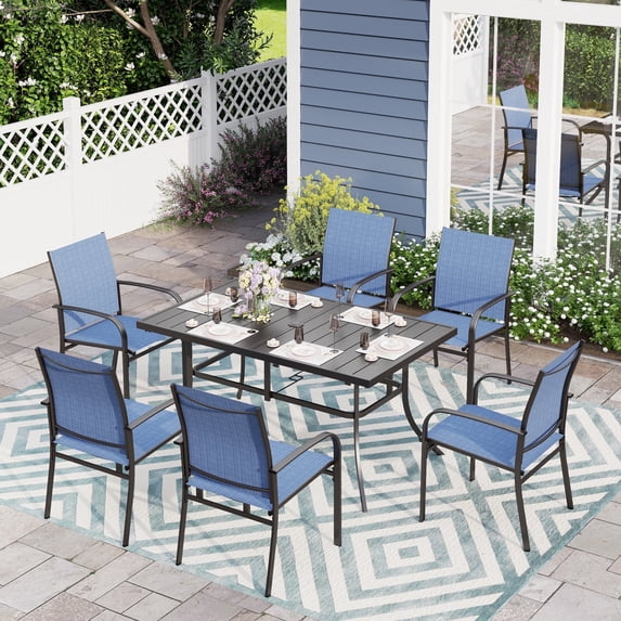 Sophia & William 7-Piece Patio Dining Set Outdoor Rectangular Table Set with Blue Textilene Chairs for Garden, Porch, Backyard