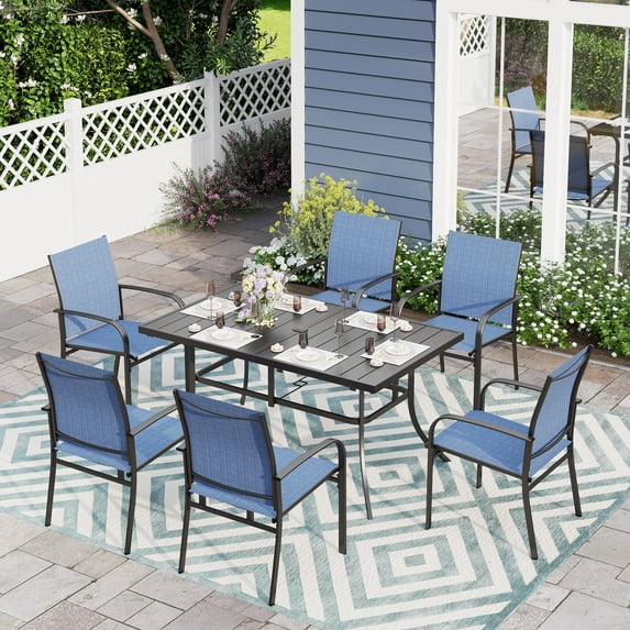 Sophia & William 7-Piece Patio Dining Set Outdoor Rectangular Table Set with Blue Textilene Chairs for Garden, Porch, Backyard