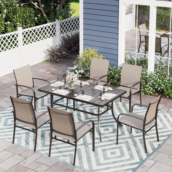 Sophia & William 7-Piece Patio Dining Set Outdoor Metal Rectangular Table with 6 Textilene Chairs - Brown