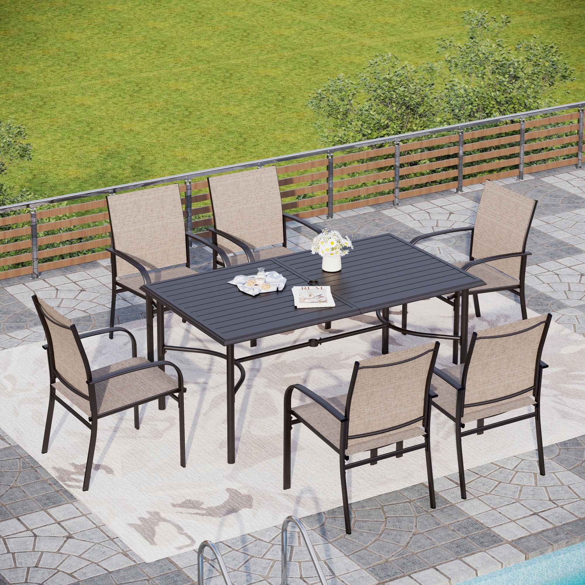 "Sophia & William Outdoor 7 Piece Patio Metal Dining Set with 67"" Dining Table and 6 Chairs - Brown"