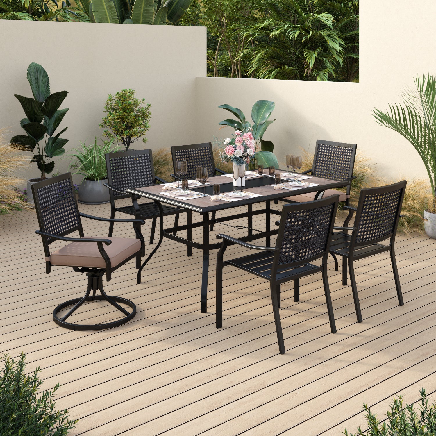Sophia & William 7 Pieces Metal Patio Dining Set Outdoor Teak Grain ...
