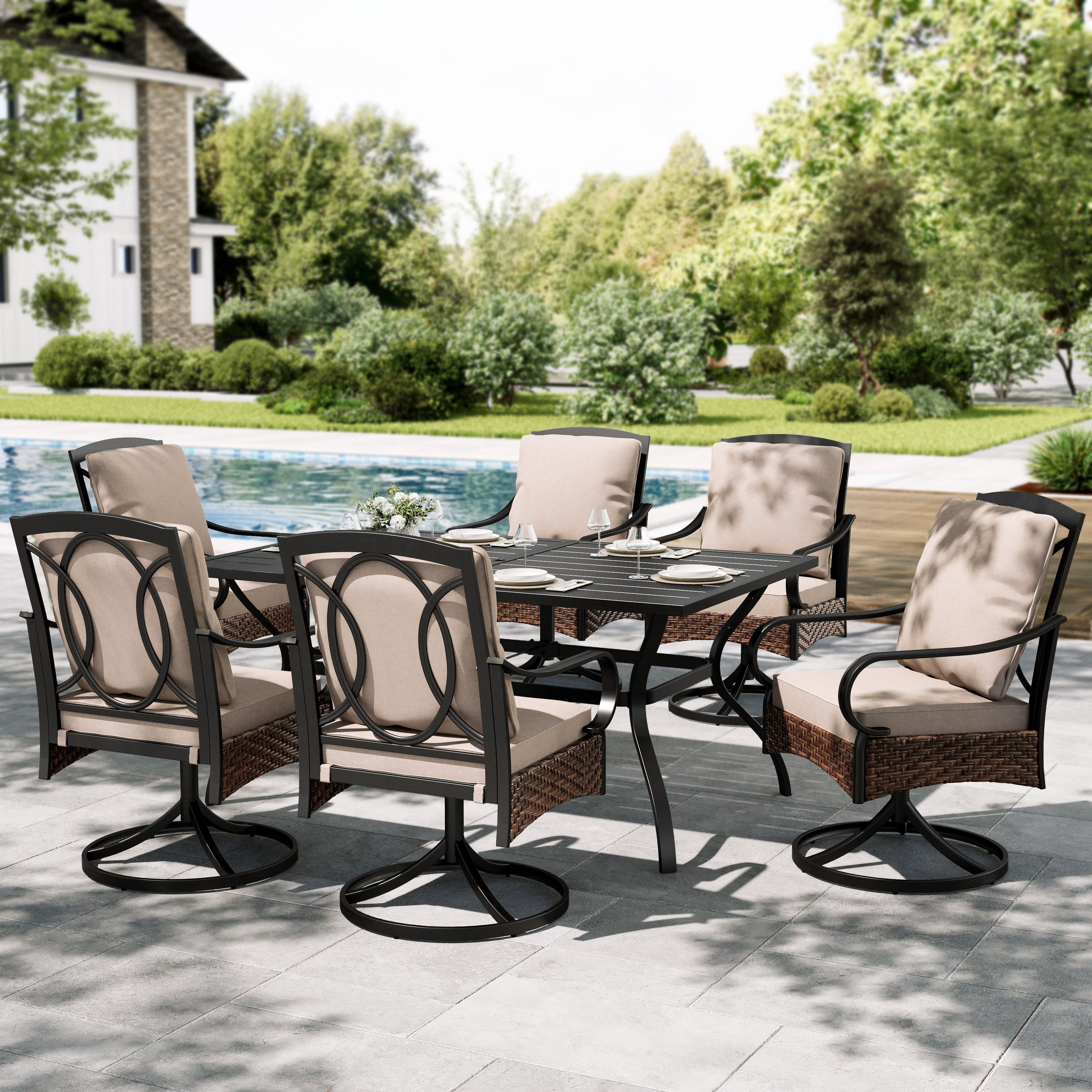 Sophia&William 7Pcs Outdoor Patio Dining Set Metal Table and Swivel Wicker Rattan Chairs Furntiure Set with Beige Cushions for 6
