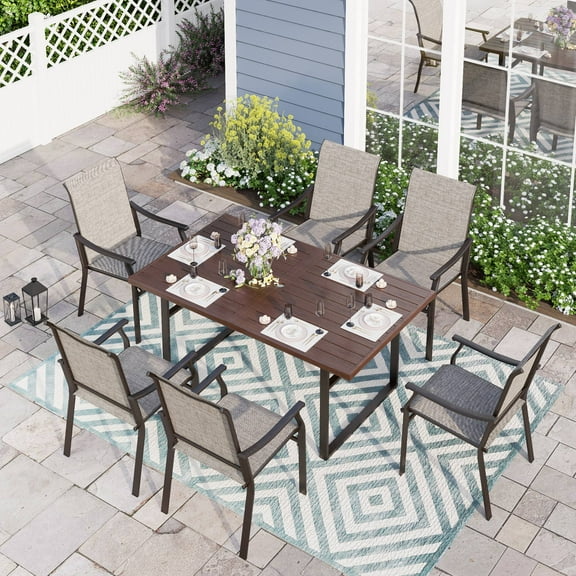 Sophia & William 7 Pieces Outdoor Patio Dining Set Textilene Chairs & Wooden Grain Steel Table Set for 6-person