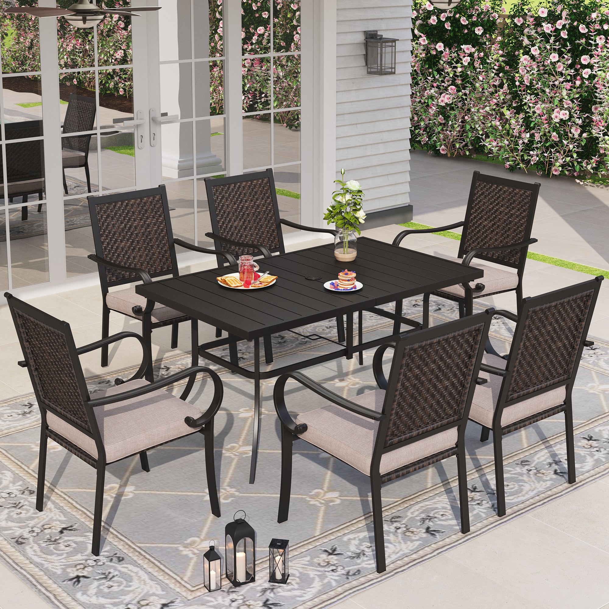 Camden Outdoor 7 Piece Rectangular Wicker Dining Set, Multibrown ...