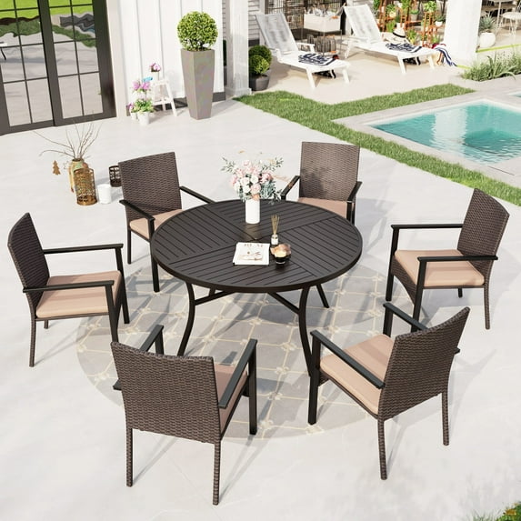 Sophia & William 7 Pieces Outdoor Patio Dining Set with Round Metal Table & Cushioned Wicker Rattan Chairs for 6