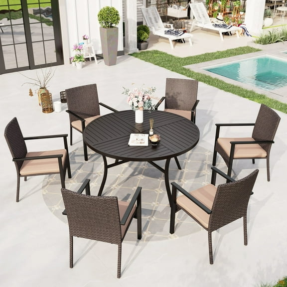 Sophia & William 7 Pieces Outdoor Patio Dining Set with Round Metal Table & Cushioned Wicker Rattan Chairs for 6