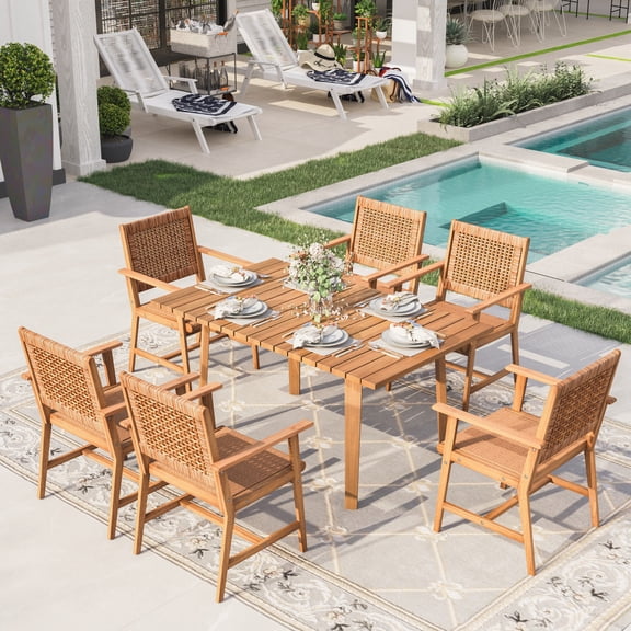Sophia & William 7 Pieces Acacia Wood Outdoor Patio Dining Set Wicker Rattan Chairs and Rectangle Table Furniture Set for Lawn, Garden, Backyard
