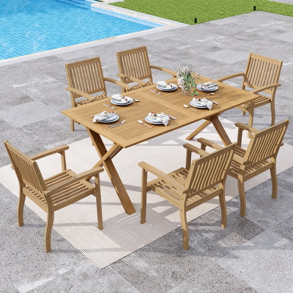 Sophia & William 7 Pieces Acacia Wood Outdoor Patio Dining Set Expandable Table and Patio Chairs Natural Wood for Lawn, Garden, Backyard