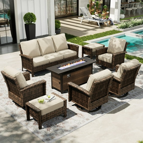 Sophia & William 8 Pieces Patio Furniture Set with 56" Fire Pit Table Swivel High Back Chairs and 5.5" Thickened Cushions