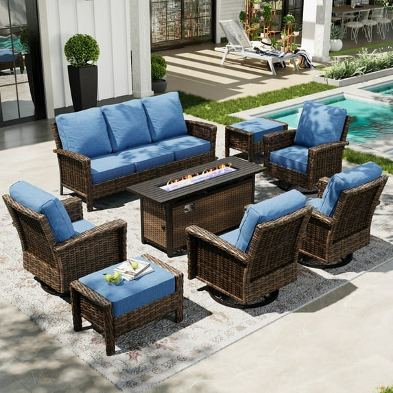 Sophia & William 8 Pieces Patio Furniture Set with 56" Fire Pit Table, High Back Swivel Chairs and 5.5" Thickened Cushions
