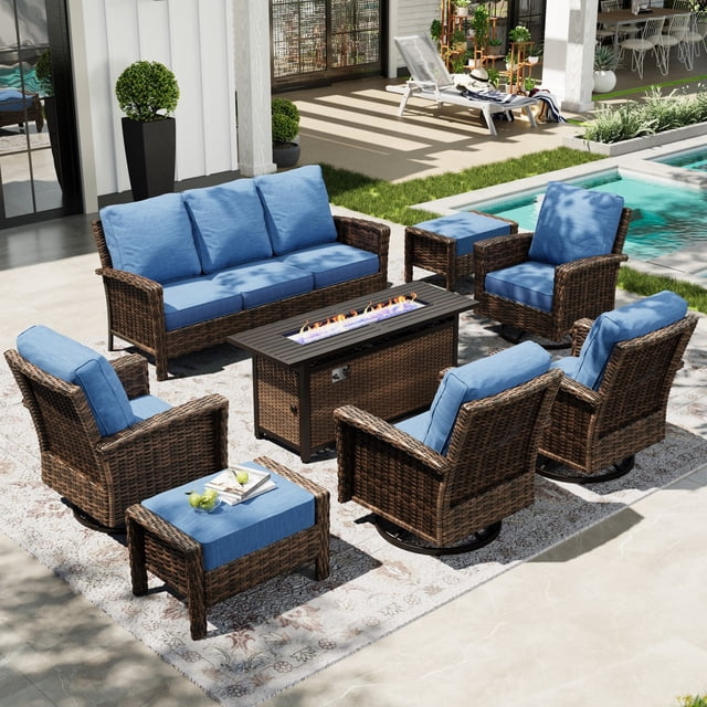 Sophia & William 8 Pieces Patio Furniture Set with 56" Fire Pit Table Swivel High Back Chairs and 5.5" Thickened Cushions