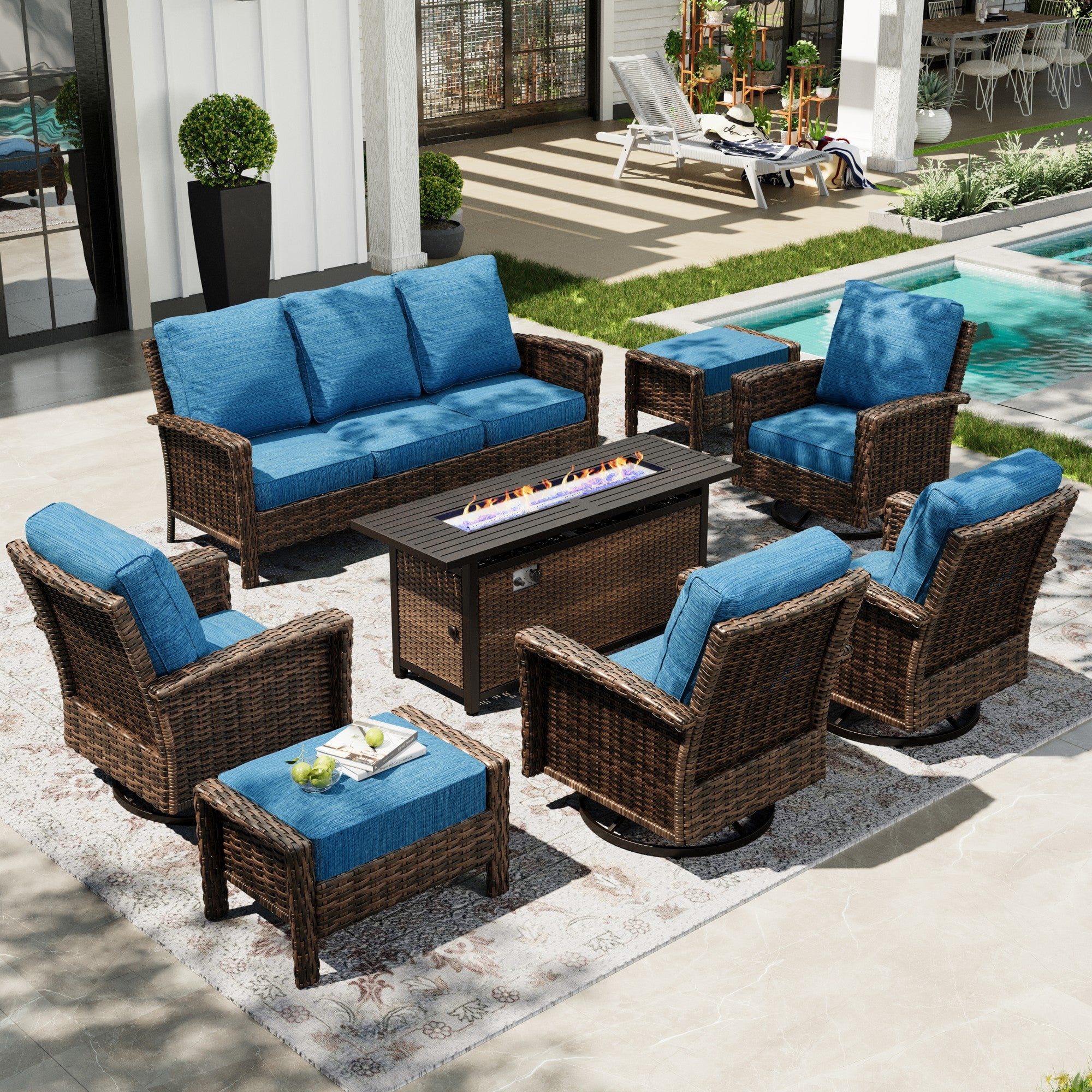 Sophia & William 8 Pieces Patio Furniture Set with 56" Fire Pit Table Swivel High Back Chairs and 5.5" Thickened Cushions