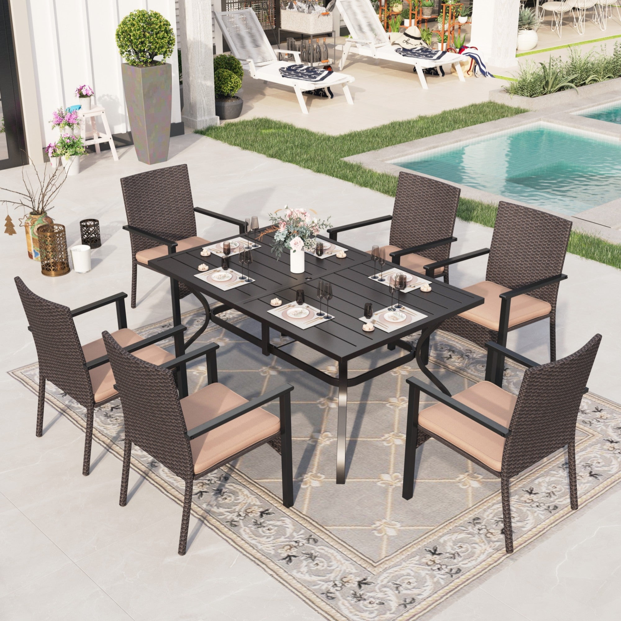 Wikker Alpha Alpha Joy 7 Pieces Wicker Outdoor Patio Dining Set Chairs&Table Set ...