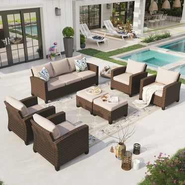 Sophia & William 7 Pieces Wicker Patio Furniture Set 9-Seat Outdoor Conversation Set, Beige