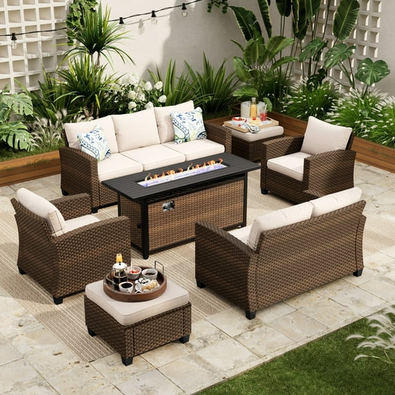 Sophia & William 7 Pieces Wicker Patio Furniture Set 9-Seat Outdoor Conversation Set with 56" Fire Pit Table, Beige