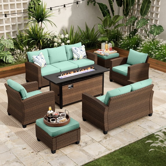 Sophia & William 7 Pieces Wicker Patio Furniture Set 9-Seat Outdoor Conversation Set with 56" Fire Pit Table, Blue