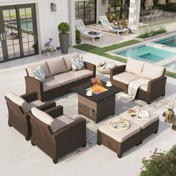Sophia & William 7 Pieces Wicker Patio Furniture Set 9-Seat Outdoor Conversation Set with Fire Pit Table, Beige