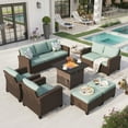thumbnail image 1 of Sophia & William 7 Pieces Wicker Patio Furniture Set 9-Seat Outdoor Conversation Set with Fire Pit Table, Blue, 1 of 9