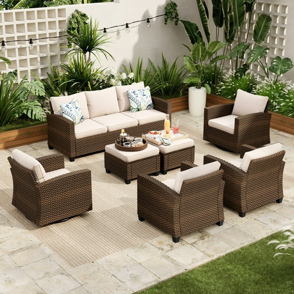 Sophia & William 7 Pieces Wicker Patio Furniture Set with Swivel Chairs 9-Seat Outdoor Conversation Set, Beige