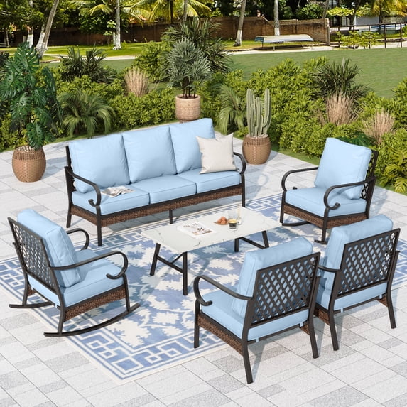 Sophia & William 7 Seat Patio Conversation Set,Outdoor Metal Furniture Set with Rocking Chairs & Fixed Chairs & Coffee Table, Blue